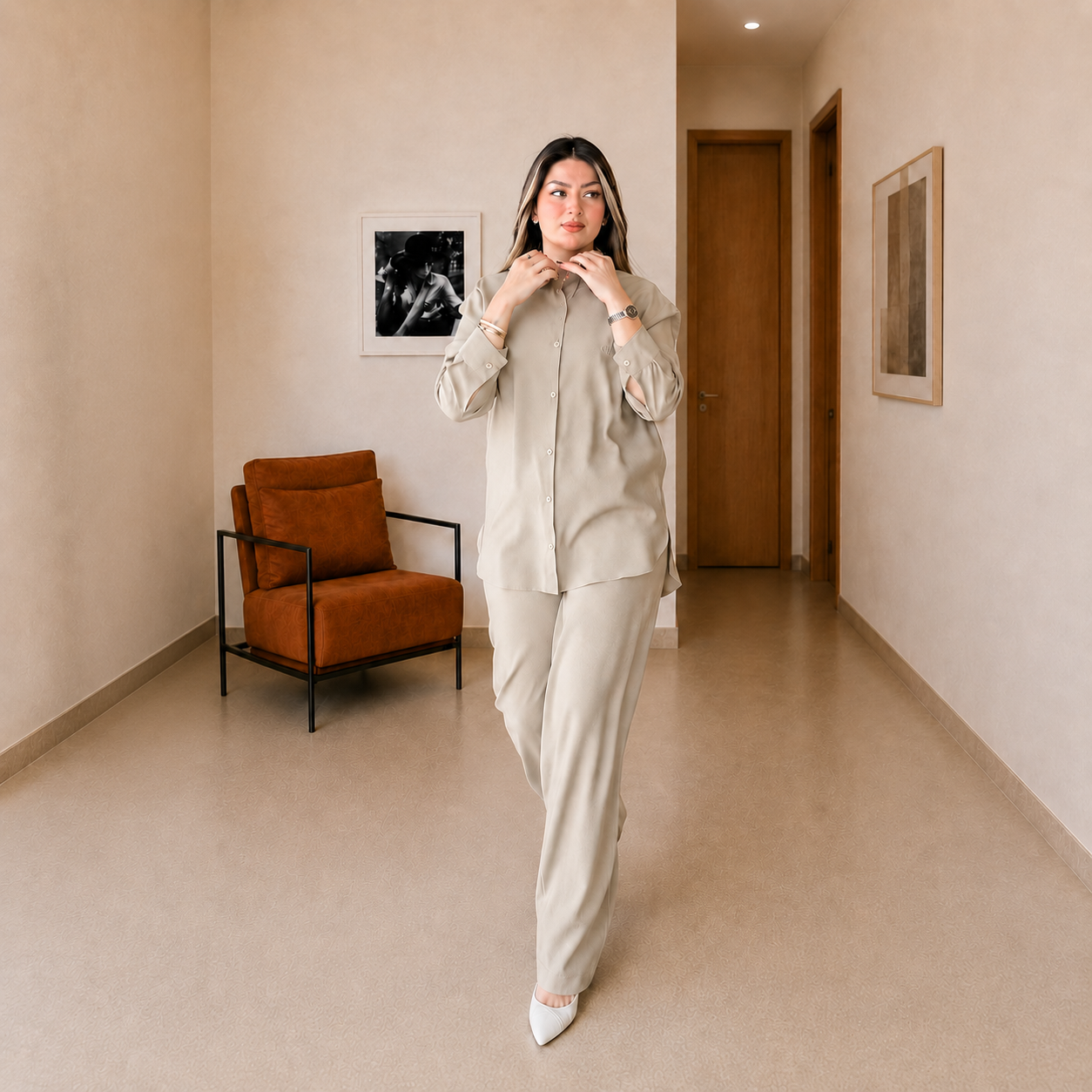 Sérénité · ensemble chemise & pantalon large, coloris Pierre