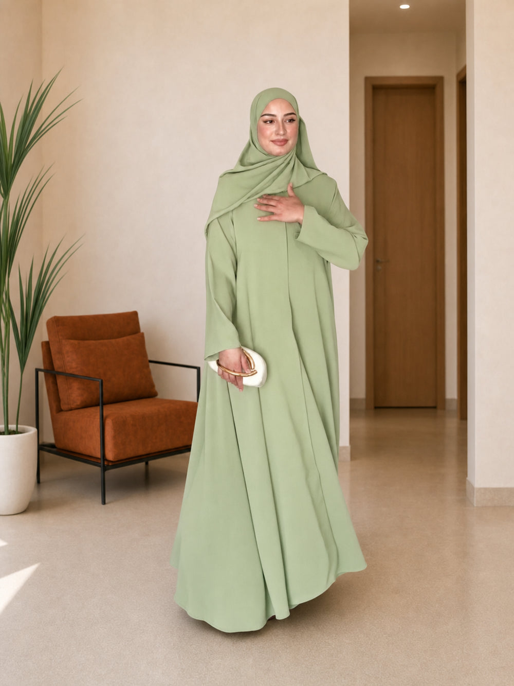 Abaya & Châle Doha Mode portée, coloris Vert sauge
