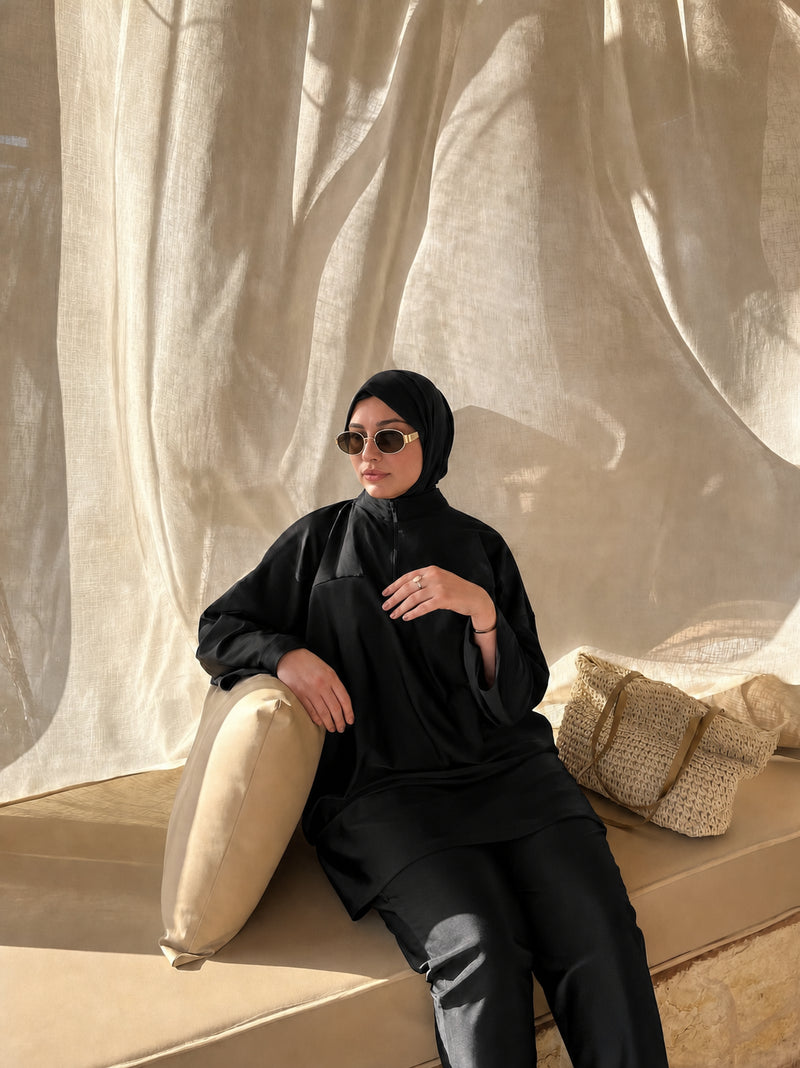 Ensemble en satin Doha Mode, tunique et pantalon assortis, coloris Noir