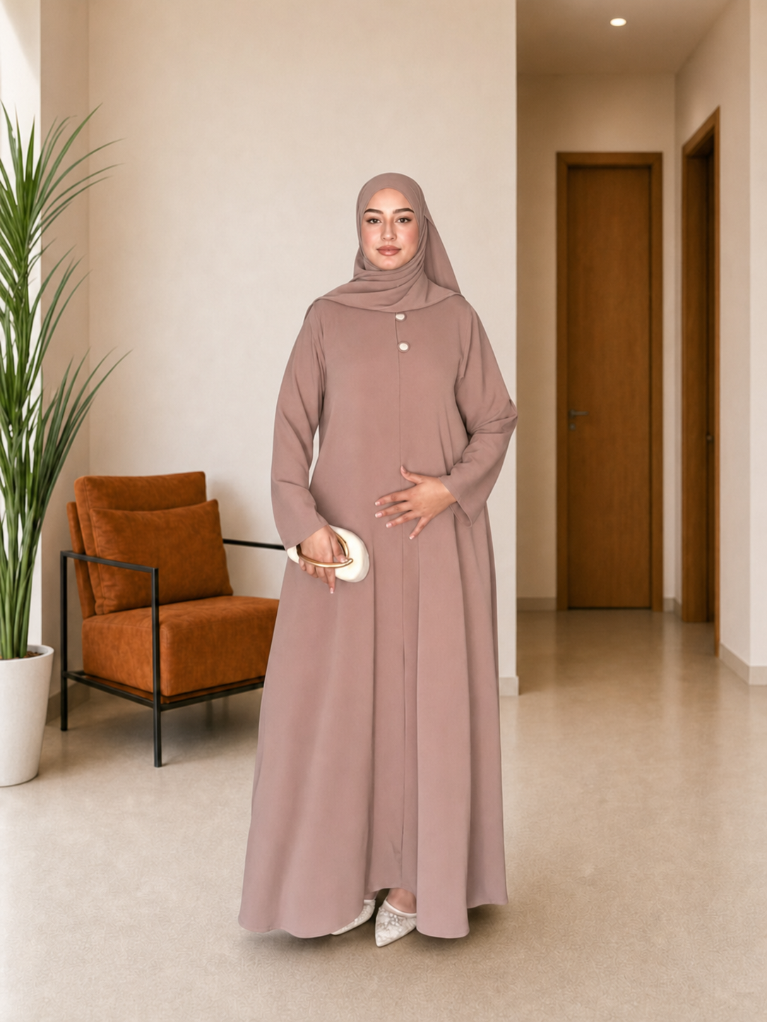 Abaya Doha Mode & son châle assorti, coloris Taupe