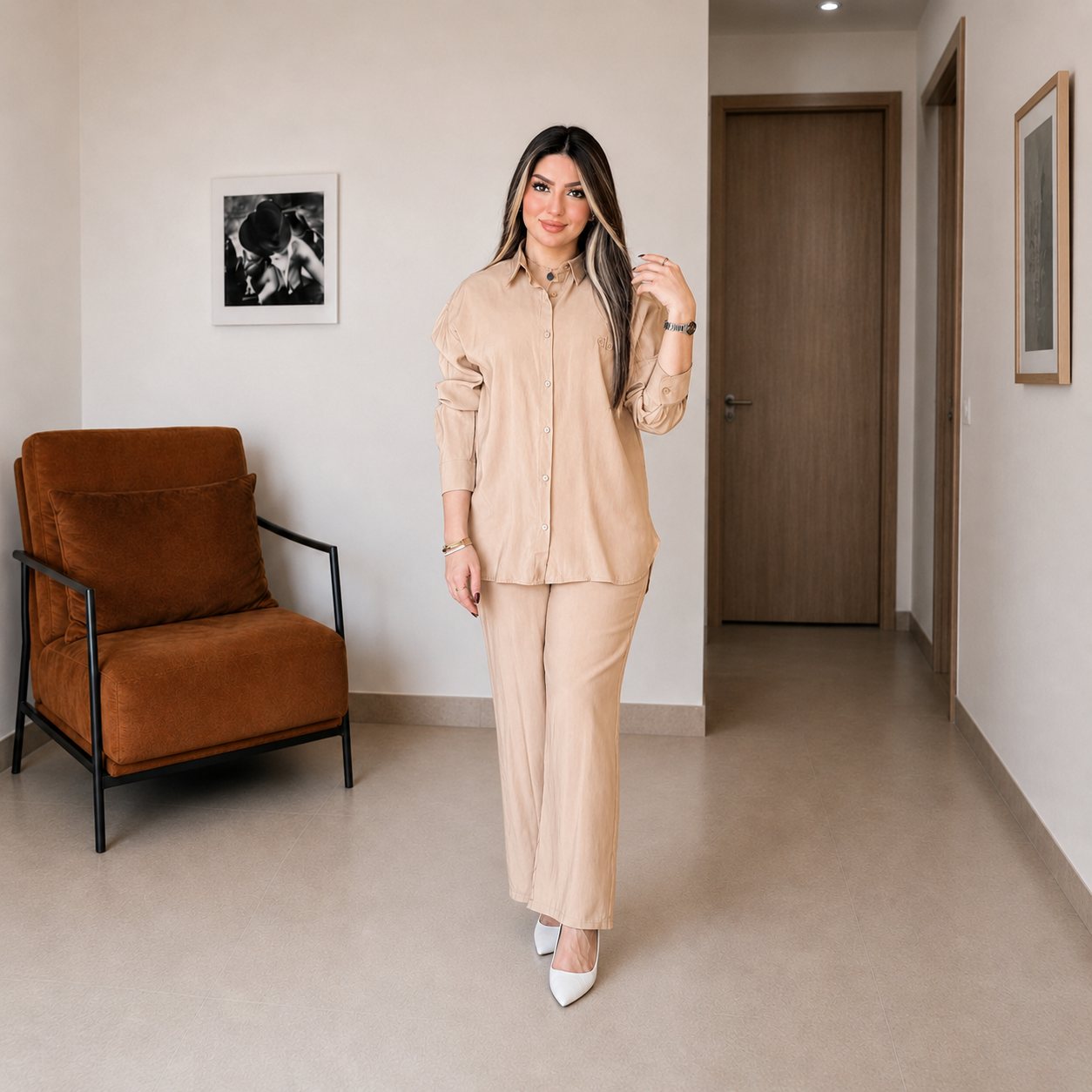 Sérénité · ensemble chemise & pantalon large, coloris Beige