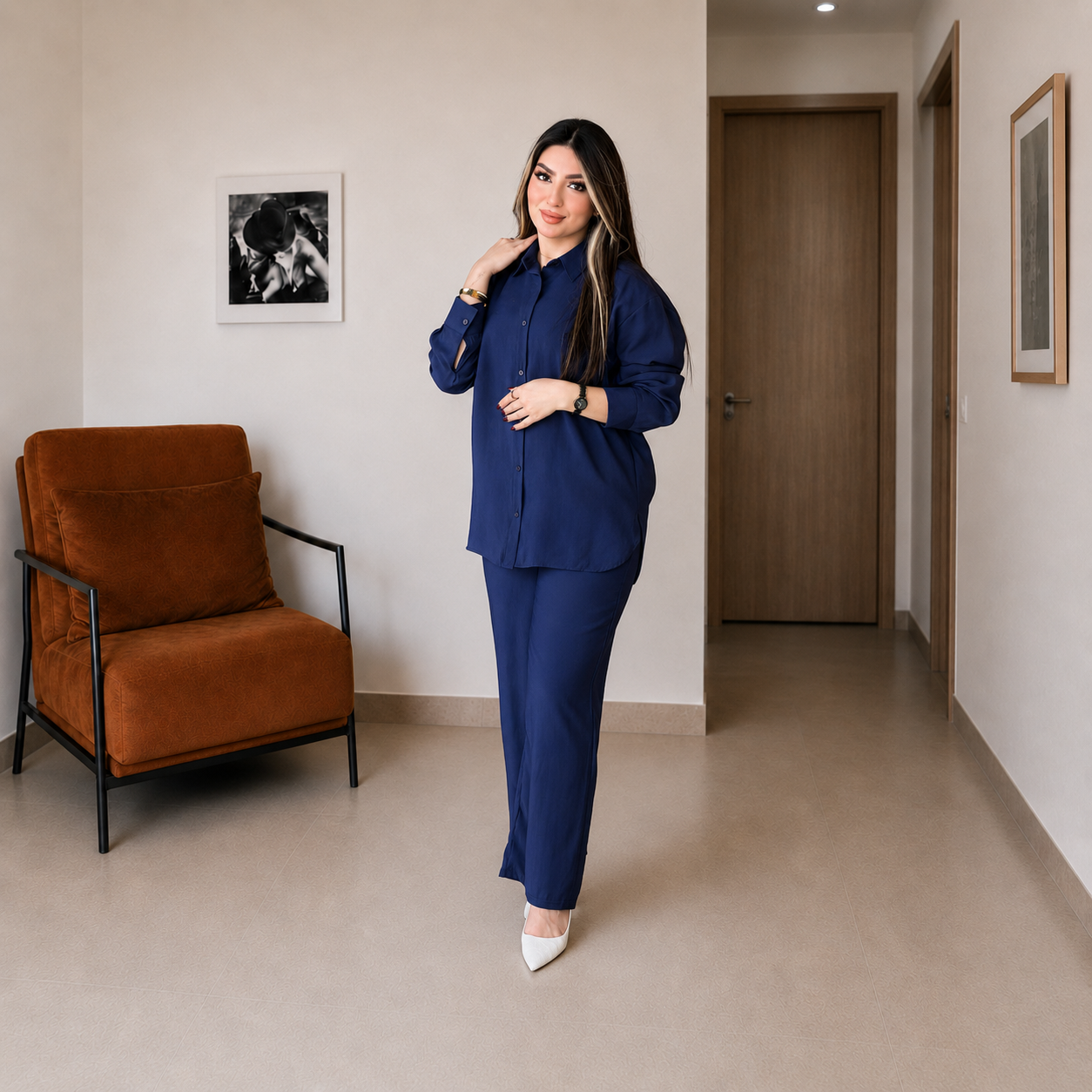 Sérénité · ensemble chemise & pantalon large, coloris Bleu marine