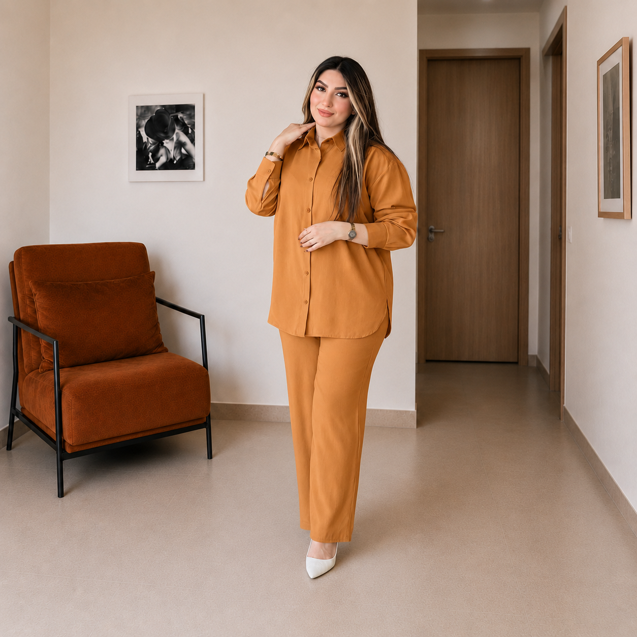 Sérénité · ensemble chemise & pantalon large, coloris Moutarde