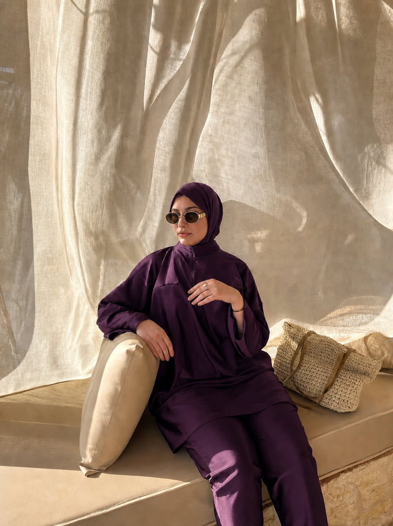 Ensemble en satin Doha Mode, tunique et pantalon assortis, coloris Aubergine